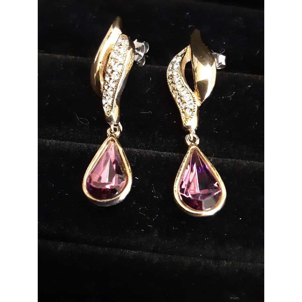vintage Roman Earings purple rhinestone goldtone Dangle Pendant  Rhinestones